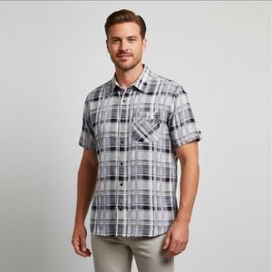 Vintage Steve Harvey Purple Plaid Shirt Mens 2X Short Sleeve Linen EUC‎